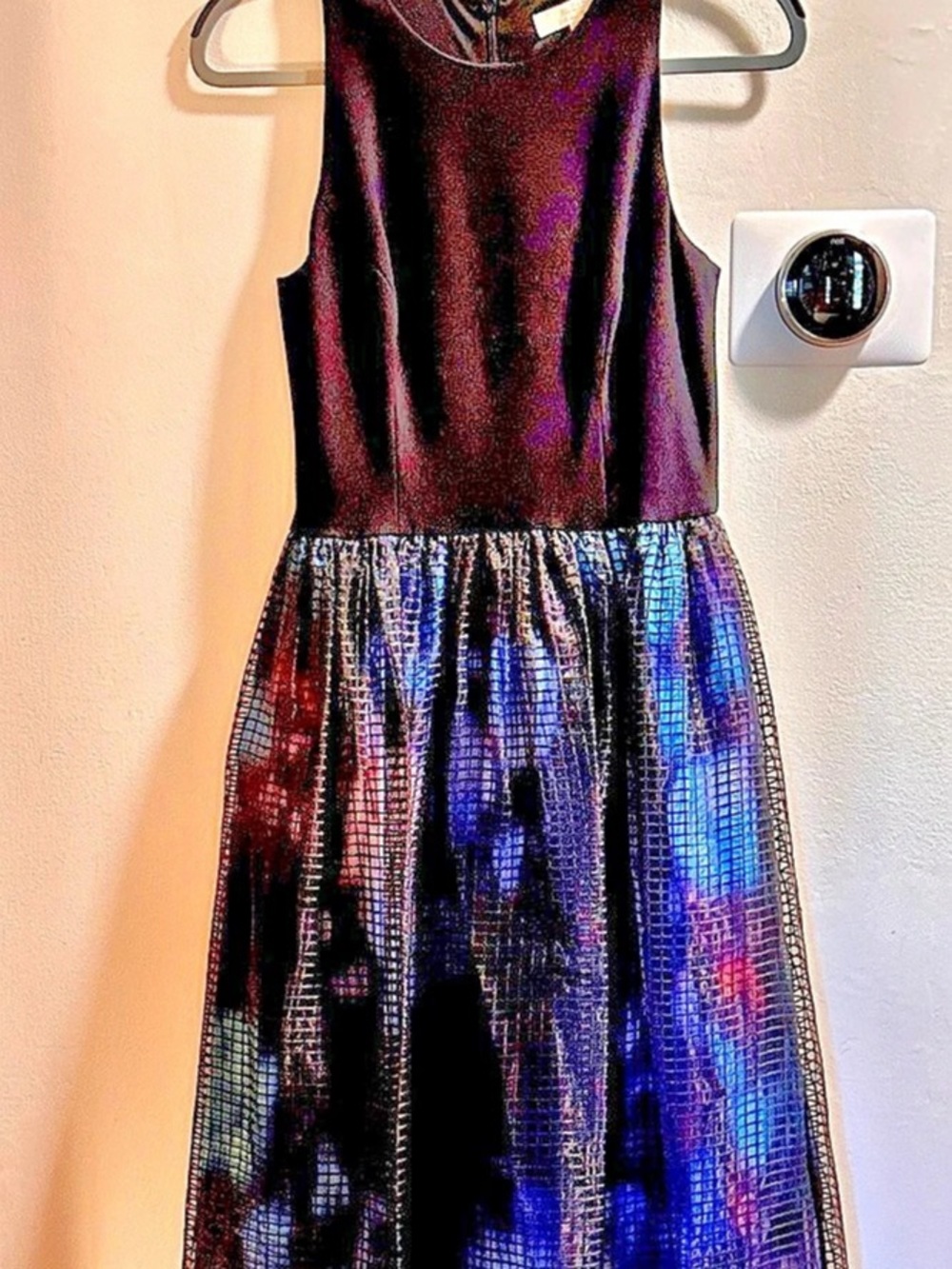 Aidan Mattox Sleeveless Combo Floral Printed Grid Mesh Overlay Midi Dress